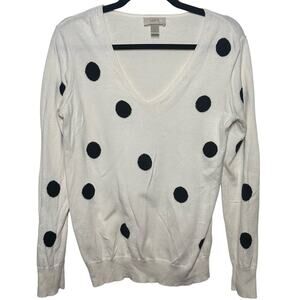 Loft White Black Polka Dots Long Sleeve V Neck Sweater Size Small